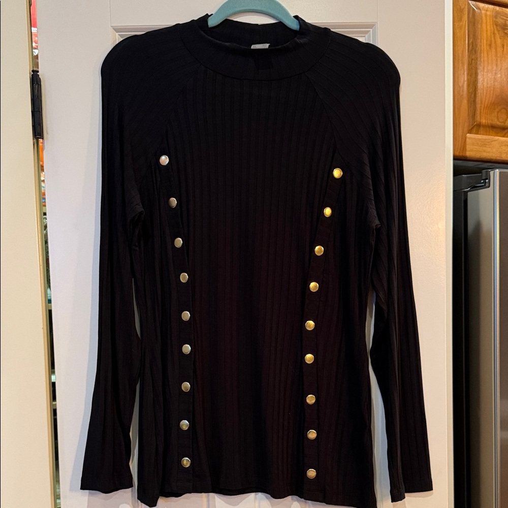 VENUS Black Long Sleeve Top with Gold Button Details